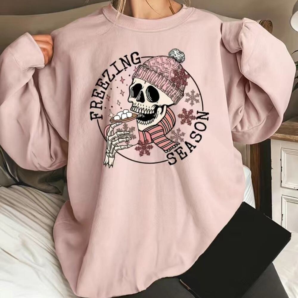 New Pink Skull &  Snowflake Pullover SweatShirt "Freezing Season" Large Comfy